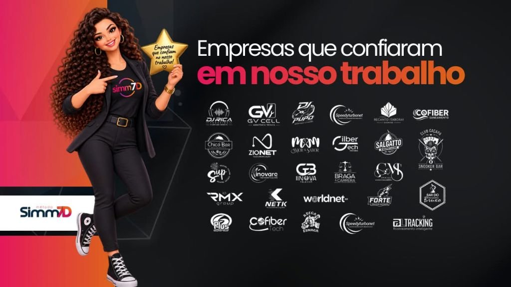 Painel com os logos das empresas atendidas pelo método Simm7D, como DJ Rica, GV Cell, Zionet, Cofiber e RMX Group