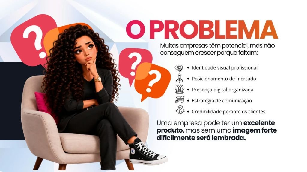 Ilustração de uma empreendedora pensativa cercada por pontos de interrogação, representando a falta de identidade visual, posicionamento e presença digital